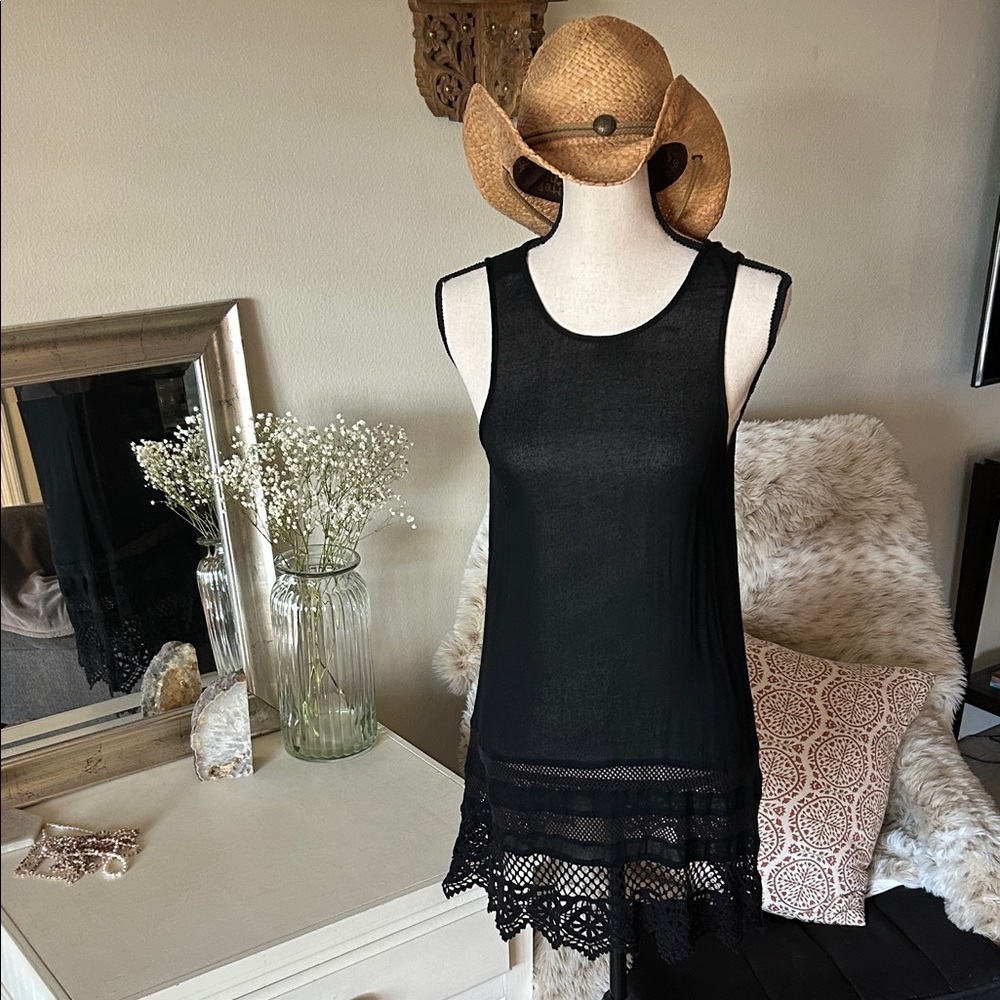 Sanctuary Y2k semi sheer, black crochet, long line tunic tank top S